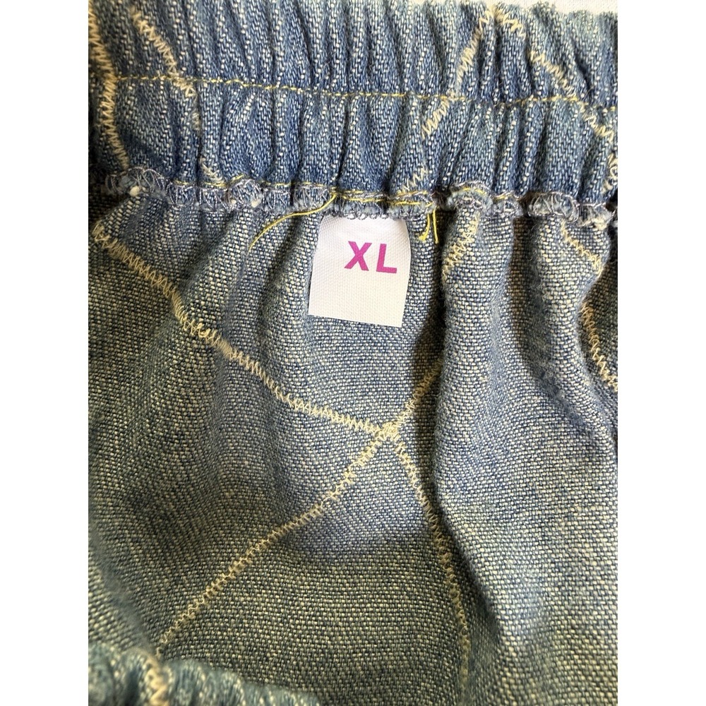Blue Denim Embroidered Patchwork Maxi Skirt~Sz XL~Retro 70s Boho Festival Hippie - Picture 6 of 10